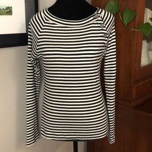 Banana Republic Blk/White Striped Wide Neck Pullover w/Button Detailing
